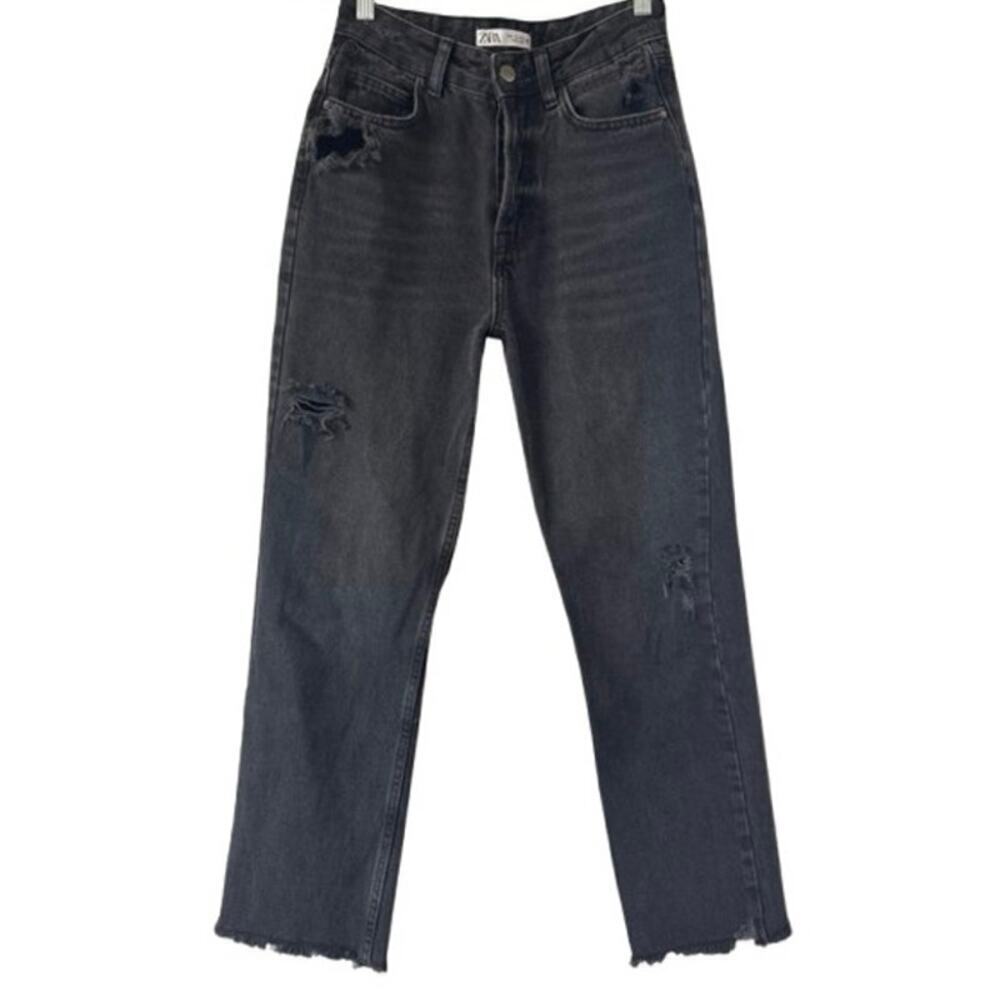 Zara High Rise Straight Cropped Black Wash Jeans Sz 4